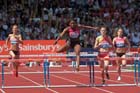 Perri Shakes-Drayton beats Eilidh Child in the 400 metres hurdles in the IAAF Diamond League, Birmingham.